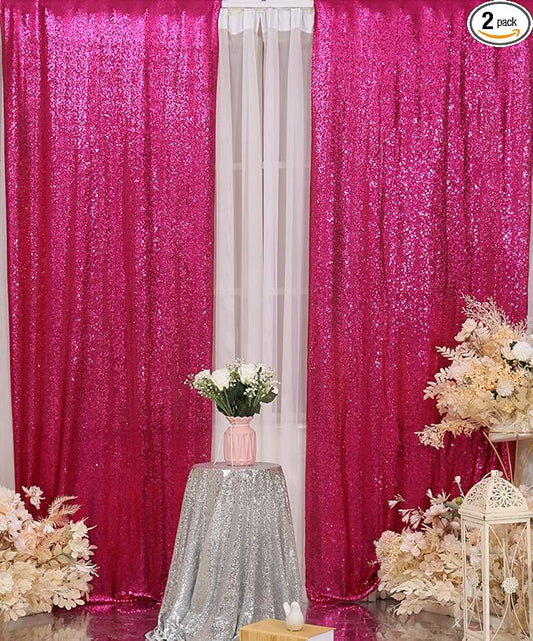 Poise3EHome Hot Pink Sequin Backdrop Curtains, 2 PCS 5FT x 10FT Sequin Panels for Backdrop,Sequence Wedding Party Background Drapes