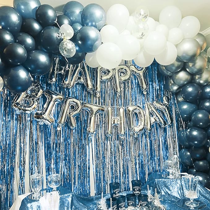 PartyWoo Foil Fringe Curtains Blue, 2 pcs 3.3x6.6 ft Blue Streamers, Fringe Backdrop, Tinsel Backdrop, Tinsel Curtain, Metallic Door Shimmer, Birthday Party Streamers, Photobooth
