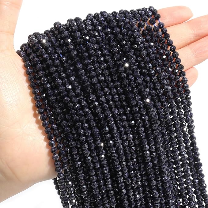 Song Xi 180pcs 2mm Natural Blue Sandstone Gemstone Beads Faceted Round Loose Stone Beads for Jewelry Making