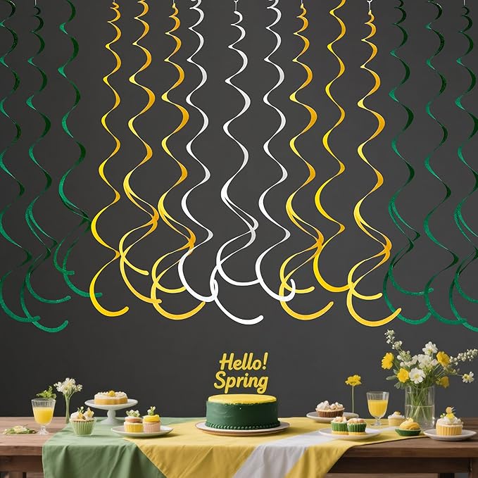36 Pcs Green Yellow White Hanging Swirl Decorations Felt Swirl Streamer Spiral Ceiling Garland Banner for Graduation Birthday Wedding Retirement Baby Shower Spring Summer Garden Party Decor Supplies