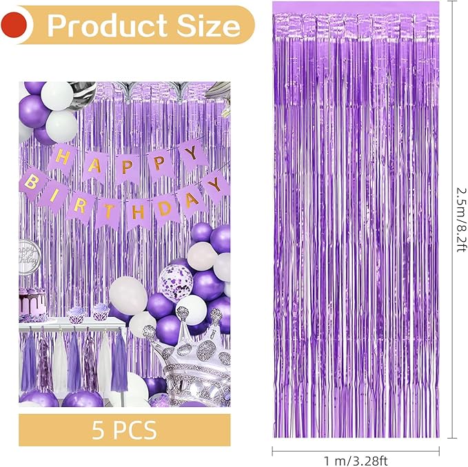 5 Pack Purple Foil Curtain Backdrop 3.2ft x 8.2ft Tinsel Foil Fringe Curtains Macaron Photo Booth Streamer Backdrop for Party Decorations Birthday Baby Shower Bachelorette Holiday (Light Purple)