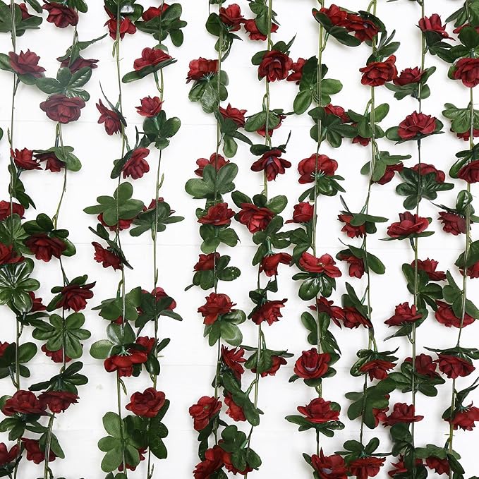 12 PCS 98.4 FT Artificial Flower Garland Red Rose Garland for Wedding Room Decor（12,Wine Red）
