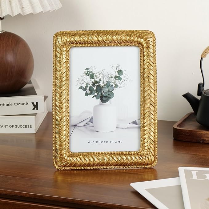 Cuspin 4x6 Gold Picture Frame, Ornate Decorative Rattan Resin Photo Frame, Gold Frames Braided Design for Tabletop Display or Wall Hanging, Elegant Home Decor