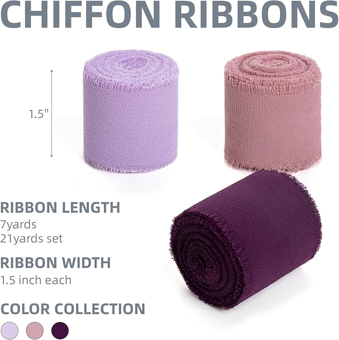 Purple Lavender Dusty Rose Handmade Chiffon Ribbon,1.5" x 21Yd Frayed Silk Ribbons for Wreaths Bridal Flower Bouquet Christmas Gift Wrapping Wedding Decor Invitations Decorations
