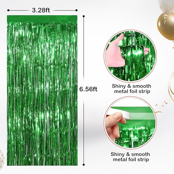 2 Pack Green Metallic Tinsel Foil Fringe Curtains, Door Streamers Photo Booth Backdrop for Birthday Party, Tinsel Curtain Backdrop for Baby Shower Bachelorette Christmas Party Decorations