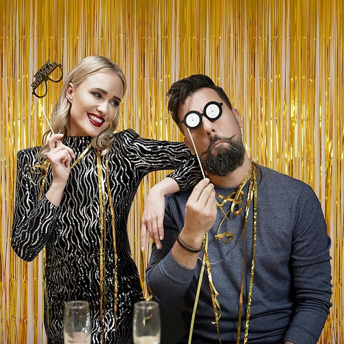 Foil Fringe Curtains Party Decorations - Melsan 3 Pack 3.2 x 8.2 ft Tinsel Curtain Party Photo Backdrop for Birthday Party Baby Shower or Graduation Decorations (Pure Gold)