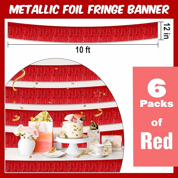6 Pack 10 Ft Red Foil Fringe Garland Metallic Streamers Tinsel Banner Wall Hanging Garland Backdrop for Parade Floats, Halloween, Christmas, Thanksgiving, New Year Party Decorations