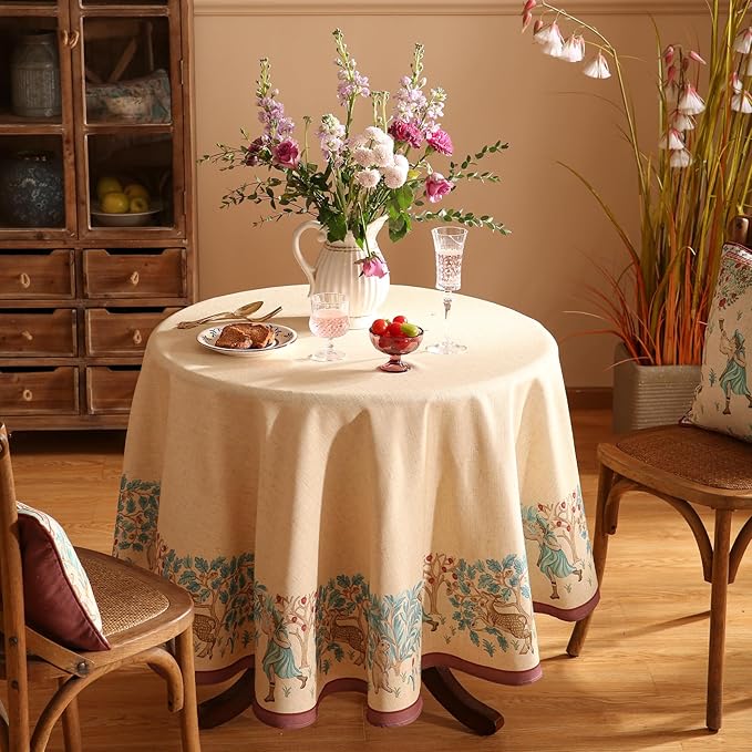 patdrea Designer Small Beige Tablecloth for Round Table,Vintage Anti-Wrinkle French Linen Tree Pattern Table Cloth,Decor Cover for Kitchen Dining Christmas,Thanksgiving,Diameter 55"-Tatiana D