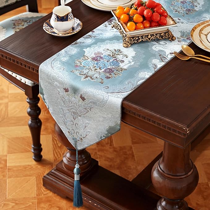 HeMiaor Chenille Luxury Table Runner Jacquard Textured Design for Office Desk Decoration and Coffee Table Decor Light Blue Table Runners 72 inches Long