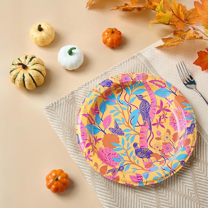 MUCHII 10 Inch Paper Plates 120 Count, Elegant Floral Bird Design Disposable Floral Plates for Wedding, Party, Dinner, Holiday - 4 Vintage Colors (30 Each)