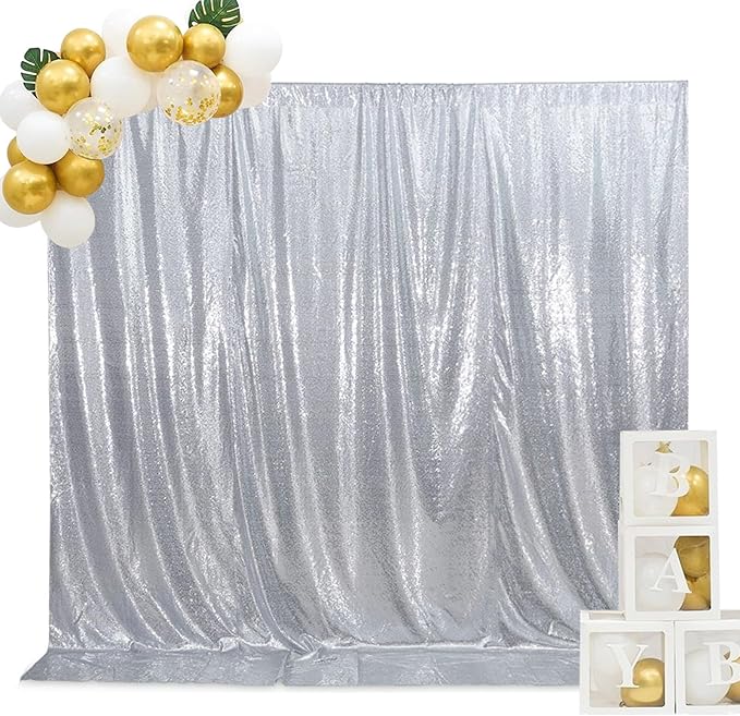SquarePie Sequin Backdrop Non-Transparent Sparkly Background for Wedding Party 4FT x 7FT Silver