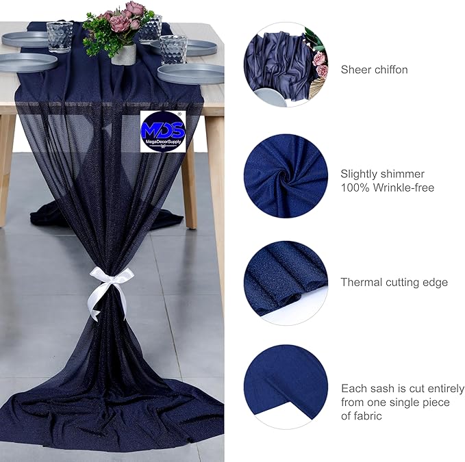 MDS 2 Pack 14ft Chiffon Table Runner 29 x 170 Inches Sheer Wedding Runner Romantic Rustic Table Runner for Wedding Decorations, Birthday Parties, Bridal Shower Party Arch Decor - Navy Blue