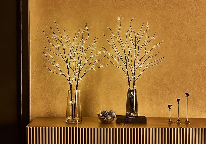 Fudios Lighted Brown Branches with Timer 32 in 100 LED for Vases Battery Operated, Artificial Willow Branch Twigs with Warm White Lights for Christmas Holiday Party Decor