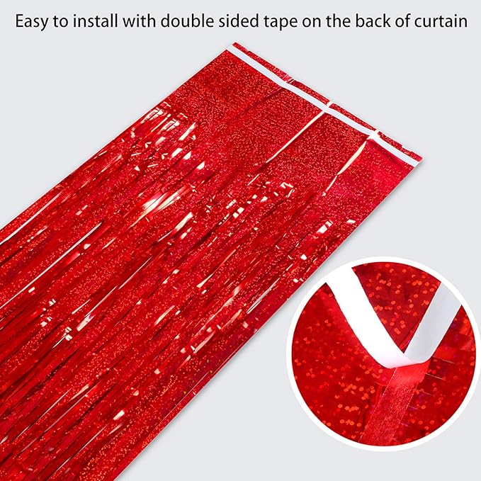 Melsan 2 Pack Red Tinsel Foil Fringe Curtains Backdrop, Sparkle Tinsel Backdrop Curtains for Fourth of July Patriotic Birthday Party Decorations