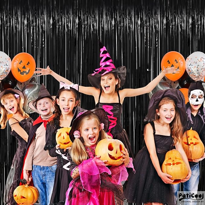 Halloween Decorations Black Streamers - Thicken 4 Pack 3.2 x 8.2 FT - Black Tinsel Foil Fringe Backdrop Curtains, Photo Booth Props for Birthday, Halloween, Retirement, Bachelor Party Decorations