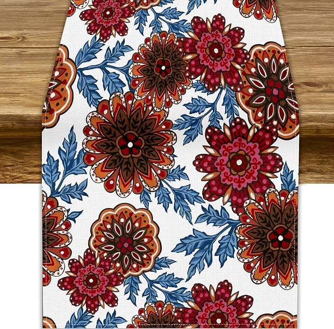 Mandala Flower Table Runner, Vintage Oriental Exotic Native Red Floral Blue Branch Leaves Botanical Print Table Runner for Farmhouse Kitchen Dining Table Decor, 13x120inch