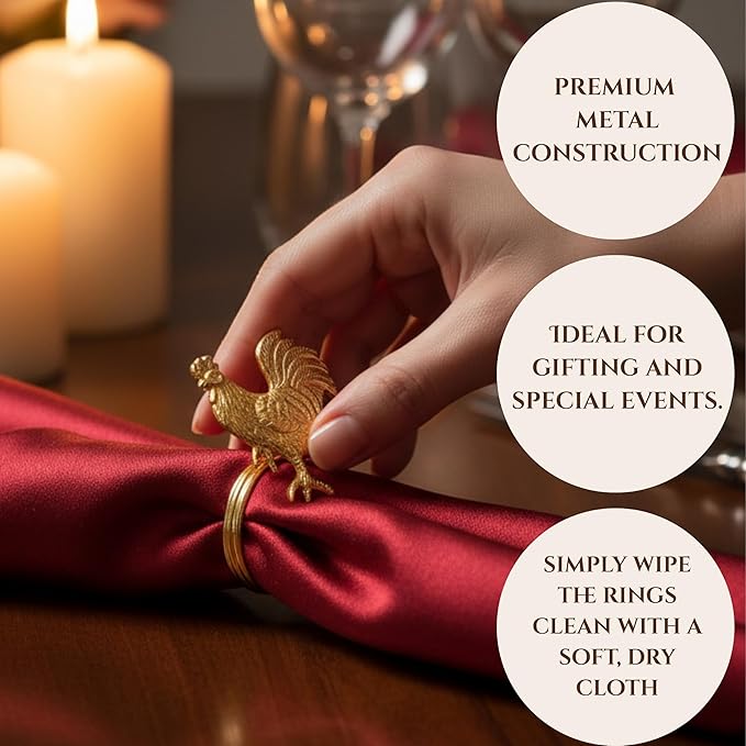 Set of 12 Rooster Napkin Rings for Farmhouse Table Decor | Premium Metal Chicken Dinnerware Holders | Rustic Kitchen & Holiday Party Table Setting (Gold) - ALPHA Living HOME