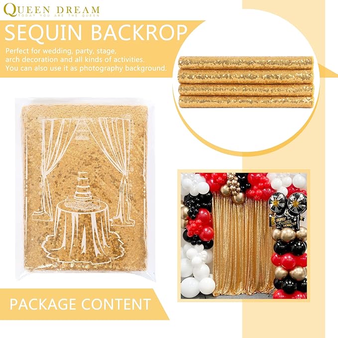 Gold Sequin Backdrop Curtains 2 Panels 2FTx8FT Glitter Gold Photo Backdrop for Wedding Party Stage Decorations
