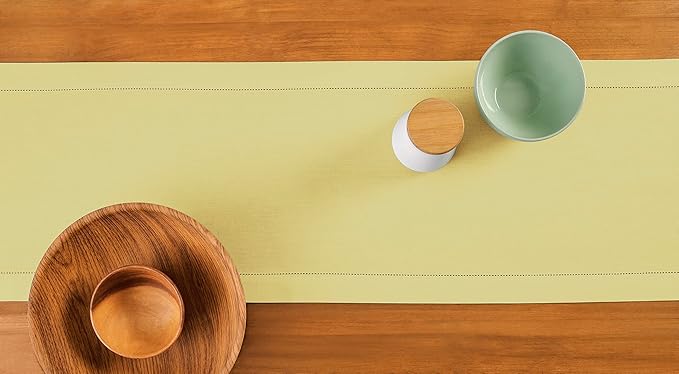 Solino Home Cotton Linen Yellow Table Runner 120 Inches Long - Hemstitch 14 x 120 Inch Table Runner