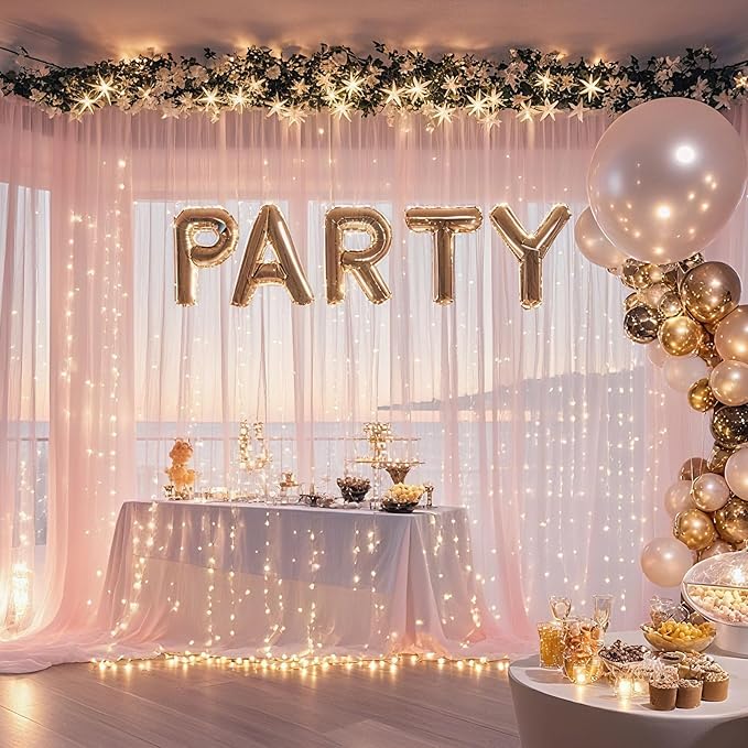 10×8ft Tulle Backdrop Curtains with Lights String - 300LED Fairy Lights Sheer Curtain Backdrop for Weddings Baby Shower and Birthday Party Decorations(4 Panels 5×8ft)