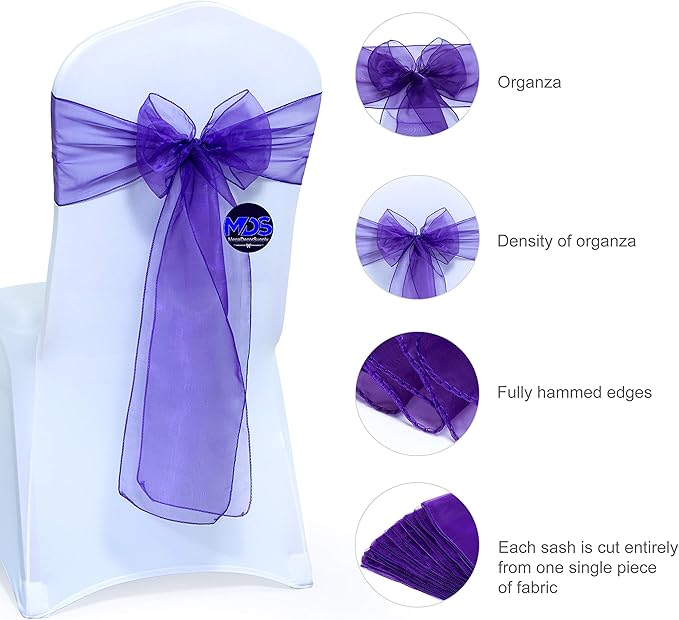 MDS Pack of 25 PCS Organza Chair Sashes Wider Dining Chair Bows Ribbon Tie Back for Wedding Party Birthday Bridal Shower Reception Event Banquet Home Chair Cover Decoration - Purple