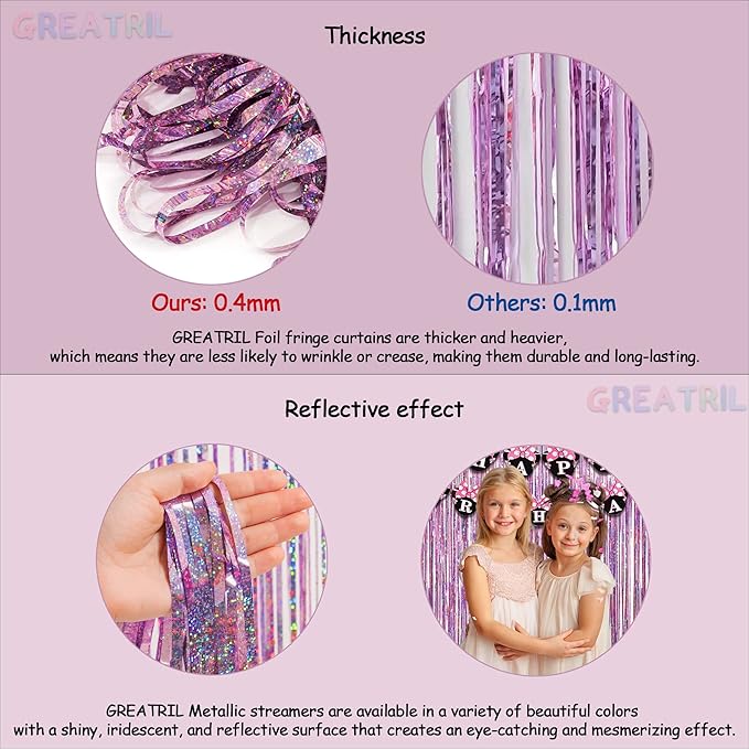 Pink Tinsel Curtain Party Backdrop - GREATRIL Foil Fringe Curtain Lilac Pink Party Streamers for Birthday Girl Princess Bachelorette Euphoria Taylor Themed Party Decorations - 2 Packs