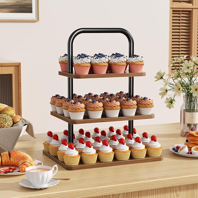 Wooden Cupcake Stand, 3 Tier Large Cupcake Tower Stand 50 Cupcakes, Dessert Tiered Tray Stand for Party, Wedding, Birthday, Halloween, Farmhouse Decor