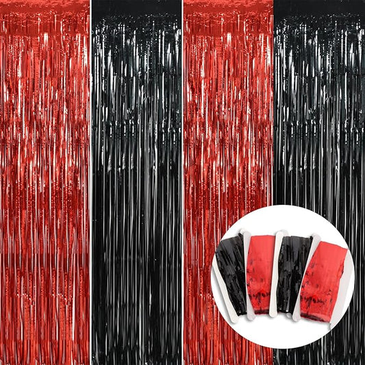 BEISHIDA 4 Pcs Red and Black Door Streamers Foil Curtain Red and Black Party Decoration Backdrop for Casino Theme Scream Halloween Supplies Graduation Birthday Party Decorations (3.28 ft x 6.56 ft)