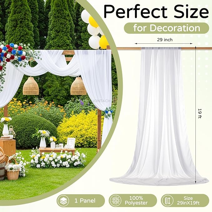 Wedding Arch Draping Fabric 29" x 19Ft Sheer Drapes for Backdrop Wedding Ceremony Reception Ceiling Decor Curtain Baby Bridal Shower Decoration (White, 1 Panel)