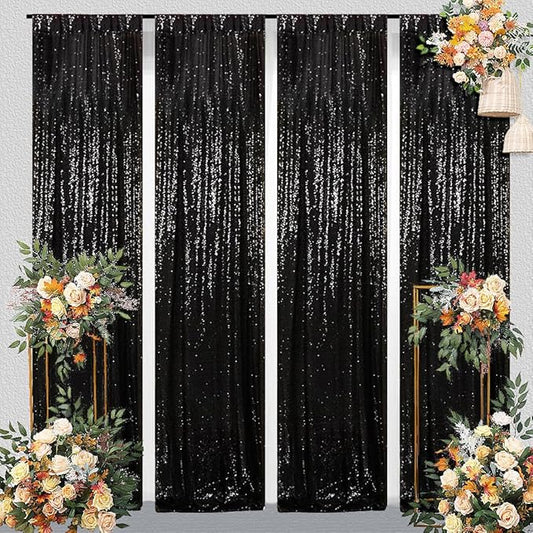 Juya Delight Black Sequin Backdrop Curtain,4PCS 2FTx8ft Glitter Backdrop Curtain for Party,Birthday,Christmas Wedding Decoration