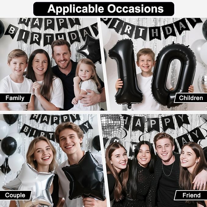 30th Birthday Decorations for Men Women, Black Silver Happy Birthday Party Decorations， 30 Year Old Party Supplies with Number 30 Balloons, Banner, Fringe Curtains Kit