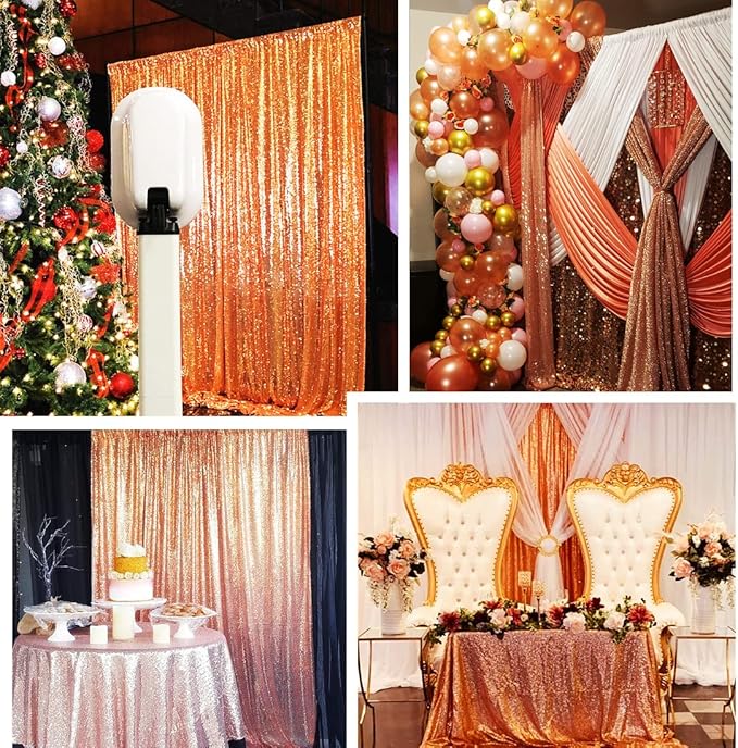 Poise3EHome Rose Gold Sequin Backdrop Curtain, 4 Pieces 3FT x 8FT Sequin Backdrop Panels,Sequence Wedding Party Background Drapes