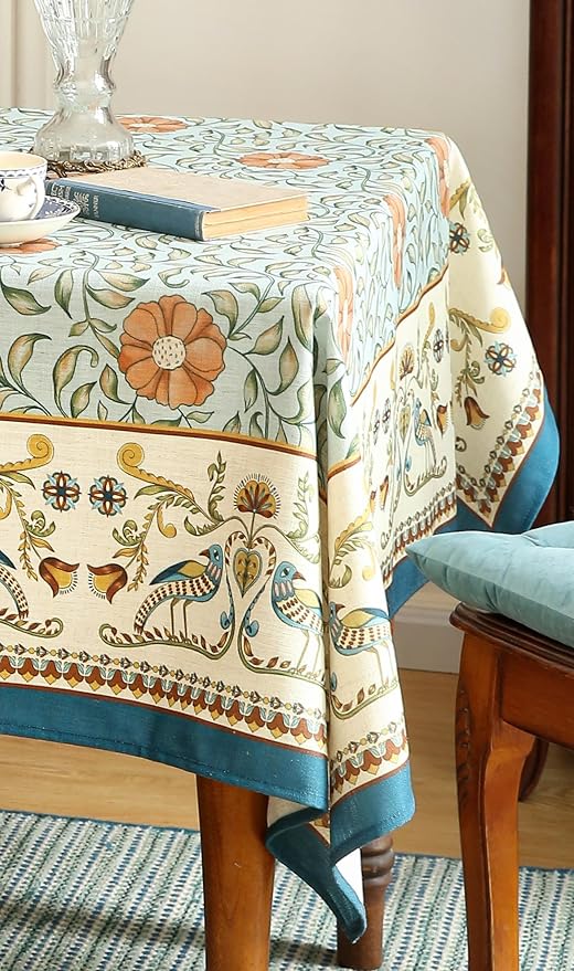 patdrea Designer French Linen Blue Tablecloth for Rectangle Table,Vintage Floral Table Cloth,Colorful Decoration Fall Cover Kitchen Dining for Thanksgiving,Tea Party,Christmas,55"x71"-Wensel