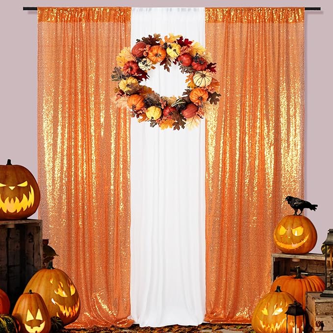 SquarePie Sequin Backdrop Curtain 2FTx8FT Orange 2pcs Background for Halloween Thanksgiving Party Decoration