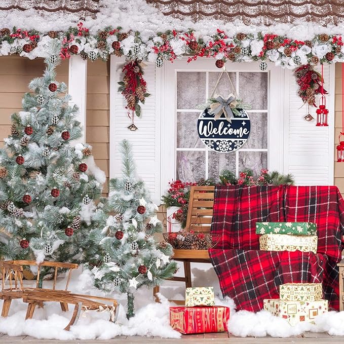 CHDITB Blue Welcome Winter Front Door Sign Wreath(11.4”), Wooden 3D Welcome Home Decoration Wall Hanging with Plaid Bow Snowflake, Farmhouse Christmas New Year Decor for Home Office