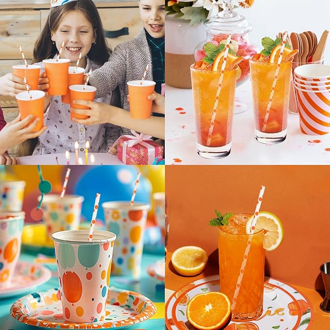Orange Polka Dots Paper Drinking Straws 7.75 inch Disposable 100 Counts - for Drinks, Juice, Cocktail, Party, Bars, Restaurants