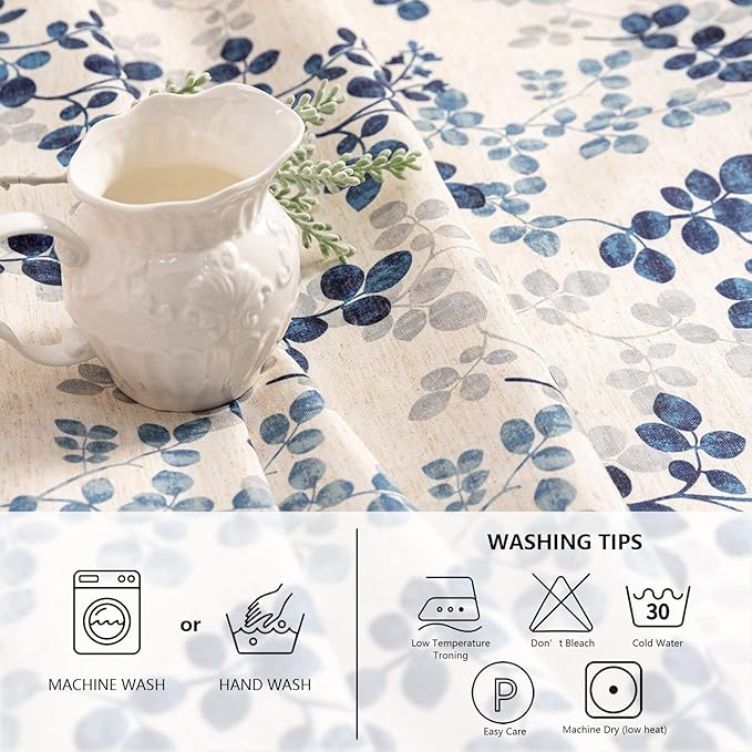 MYSKY HOME Floral Print Rectangle Tablecloth Waterproof Rectangular Table Cloth Linen Farmhouse Tablecloth for Kitchen Dining Spring Leaves Tablecloth for 6 Feet Table，60 x 102 Inches, Blue