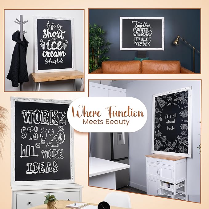 Loddie Doddie Magnetic Chalkboard - 46 x 34.5 in White Rustic Frame - Erasable Blackboard with Magnetic Surface - Magnet Board for Wall & Chalkboard Sign