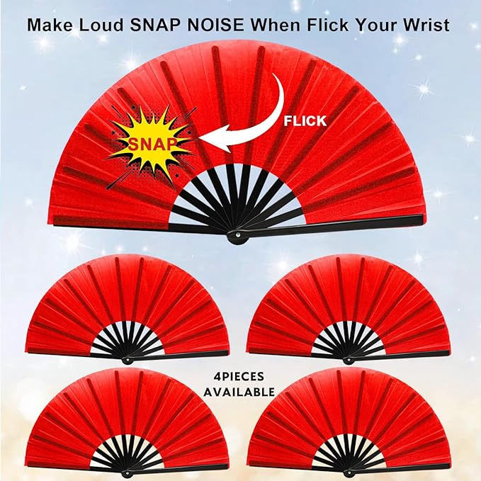 13inch Large Rave Fan Popping Clacking Fans for Line Dancing,Hand Fans for Women Foldable,Boots on The Ground Fan,Portable for Outdoor,Wedding,Party,Decoration (4pcs red)
