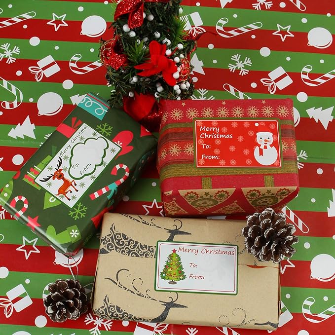 Elcoho 300 Pieces Christmas Self Adhesive Gift Tag Self Stick Stickers Gift Name Tag Christmas Stickers with 6 Different Designs (Color A)