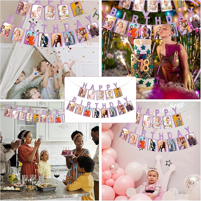 Birthday Photo Banner, Suitable for Kids and Adults Birthday Party Decoration, Annual Milestone Pink Happy Birthday Banner (pink)