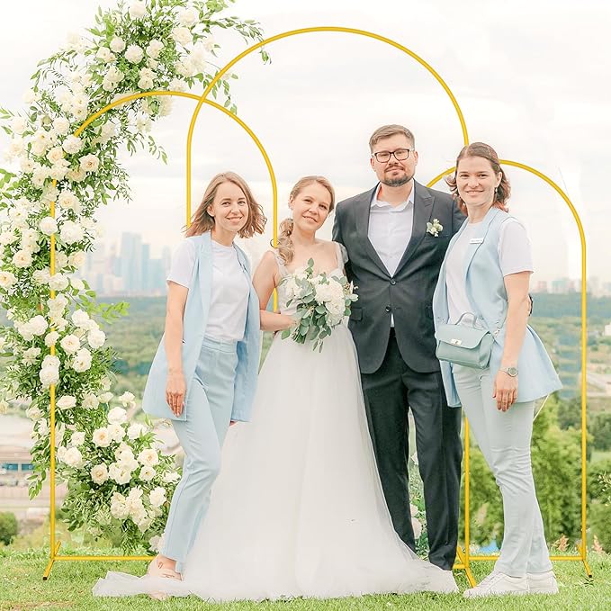 MODFUNS Metal Arch Backdrop Stand and Cover Set 6&6.6&7.2ft Sage Green Arch Backdrop Covers Gold Wedding Arch Stand Set of 3 Spandex Arched Covers for Party Birthday Banquet Wedding Decoration