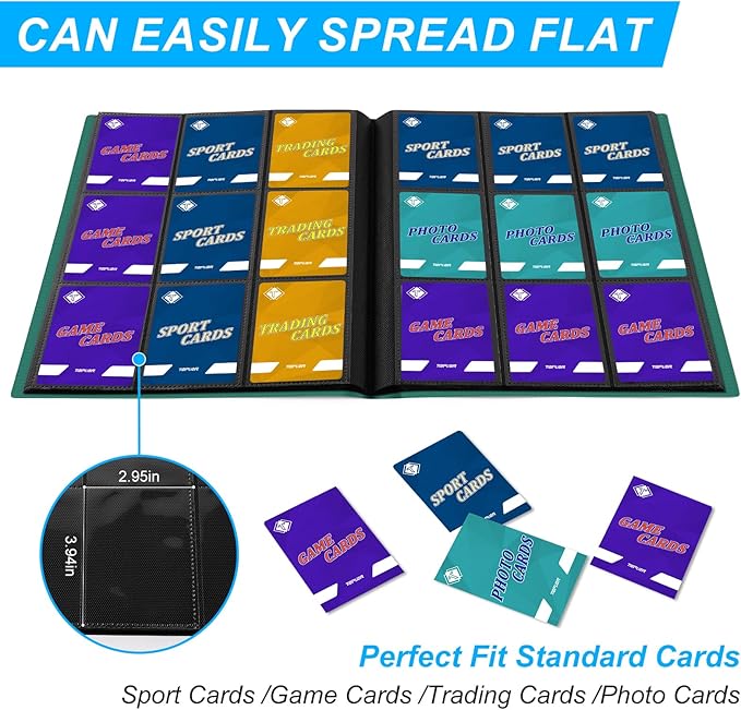 9 Pockets Card Binder for Trading Cards, Baseball Card Collection Binder with 360 Side Loading Pockets Sports Card Book Card Folder Card Album Card Holder Fit for MTG Football Play Cards (Green)