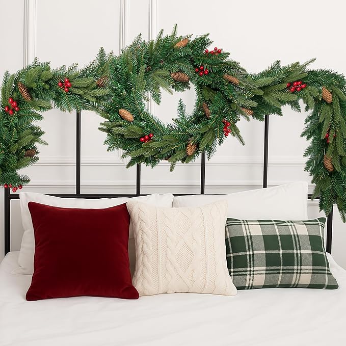 6FT Christmas Garland Artificial Norfolk Pine Tree Greenery, Cedar Cypress with Red Berries Pine Cones, Realistic Winter Holiday Mantel Fireplace Door Table Decor, Indoor Outdoor