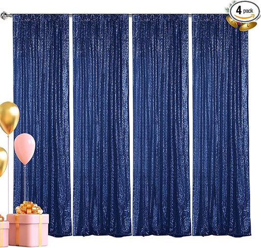 Hahuho Navy Sequin Backdrop Curtain, 4PCS 2FTx8FT Glitter Backdrop Curtain for Parties, Christmas, Wedding, Party Decoration（4 Panels, 2FT x 8FT, Navy