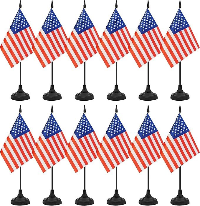 12 Pack USA Desk Flag Set, American Table Office Flag, Small Miniature Desktop Flag With Black Pole and Black Base, Classroom, Offices Meeting Desk Decoration (USA)
