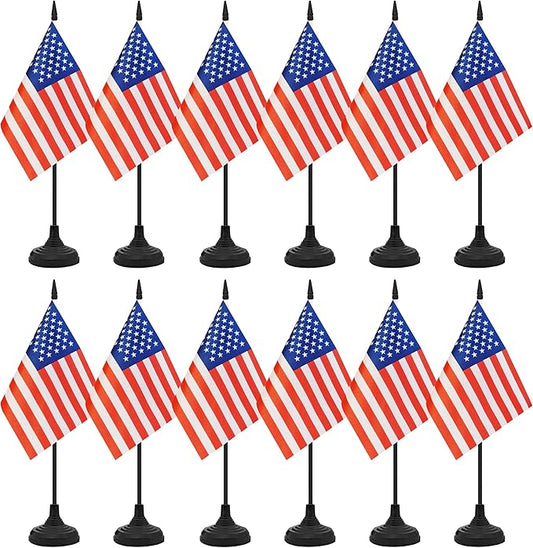 12 Pack USA Desk Flag Set, American Table Office Flag, Small Miniature Desktop Flag With Black Pole and Black Base, Classroom, Offices Meeting Desk Decoration (USA)