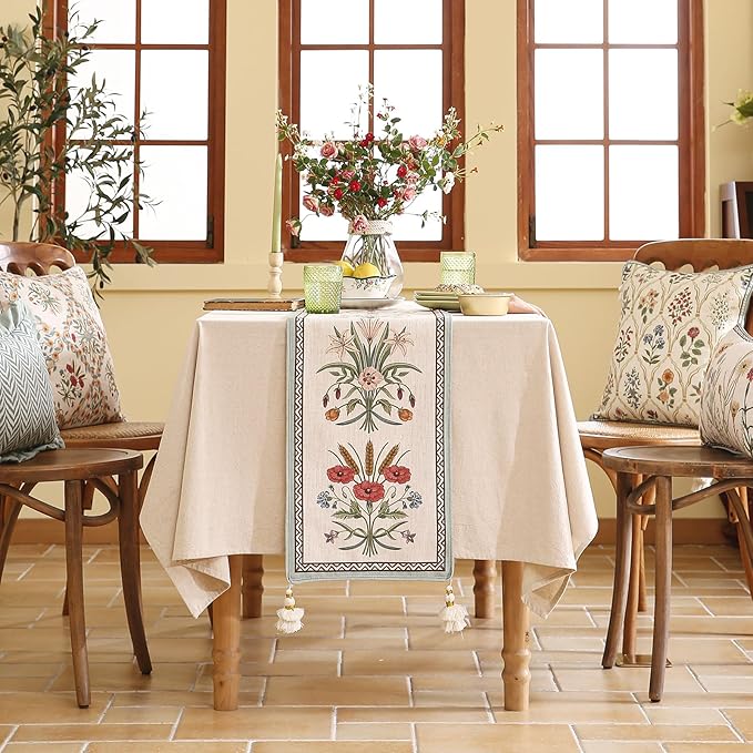 ISAENNE Designer French Country Linen Table Runner 118 Inches Extra Long,Elegant Colorful Floral Pattern Table Runners for Dining Tables,Thanksgiving,Christmas,Kitchen Decor,12"*118"-Serenity F