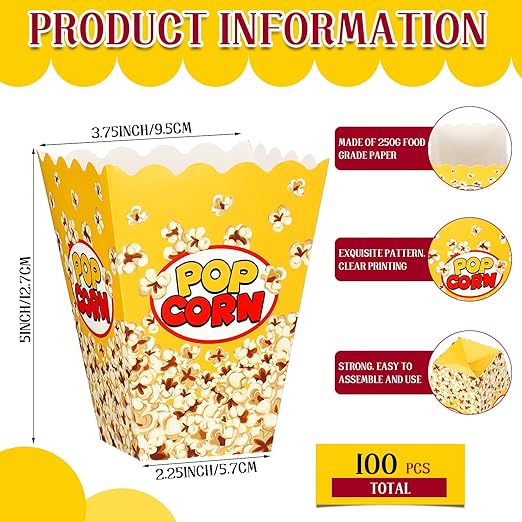 Panelee 100 Pack Popcorn Boxes for Movie Night 24oz Popcorn Disposable Paper Bucket Bags Bulk Snack Container Cups Holder for Christmas Party Carnival