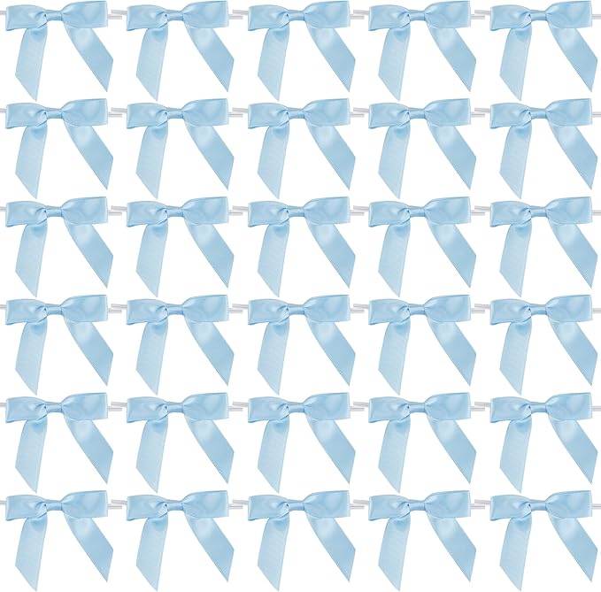 AIMUDI Light Blue Satin Ribbon Twist Tie Bows 2.5" Pretied Blue Bows for Baby Shower Premade Baby Blue Bows for Crafts Treat Bags Cake Pop Gift Wrapping Wedding Party Favors Goodie Bags - 50 Counts